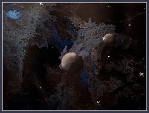 Abstraktes Weltraumbild mit zwei sphärischen Himmelskörpern, dunklem Hintergrund, Sternenpunkten, blauem Nebel und Komet mit Schweif – räumliche Tiefenwirkung, Format 58 × 78 cm, matt lackiert.