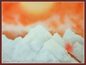 Gemälde mit schneebedeckten Bergen, orangefarbenem Himmel, fliegenden Vögeln und aktivem Vulkan – fiktiver Ort „Virellon“, Format 58 × 78 cm, matt lackiert.