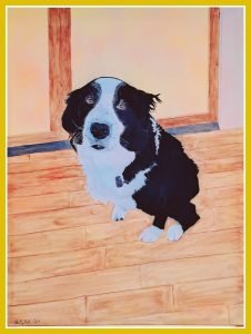 Gemälde Hund vor einer Tür sitzend und von unten hoch schauend