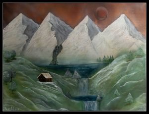 4 schneebedeckte Berge unter rot-braunem Himmel und Planet. Davor ist ein dunkelblauer See, eingerahmt von schneeversetzen Feldern. Ebenfalls mit Holzhütte und Tannen.