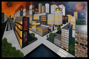 Zukunftsvision - Stadt im Weltall gebaut auf einer Platte. Stilisiertes Stadtbild mit Sonnenuntergang links und Sternenhimmel rechts, futuristische Gebäude, leuchtende Fenster, Zebrastreifen und Schild mit Schriftzug „WAPITI“ – Interpretation als Stadt im Weltall, Format 100 × 80 cm, matt lackiert.