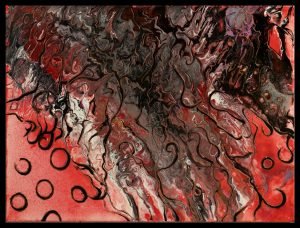 Gemälde mit schwarzen Ringen auf rötlichem Hintergrund