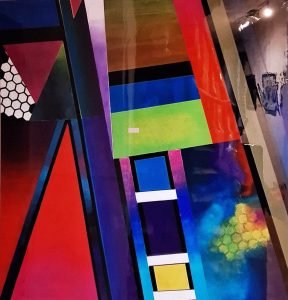 Abstraktes Gemälde mit geometrischen Formen und kräftigen Farben, ungerahmt, Format 100 × 105 cm.