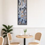 Abstraktes Bild mit marmorierten Schwarz-, Weiß-, Grau- und Kupferformen – Format 100 × 50 cm