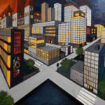 Stilisierte Stadtansicht mit leuchtenden Fenstern, surrealem Himmel und ALPHA-Schriftzug – geometrisches Nachtpanorama