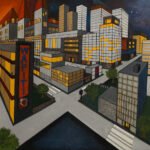 Stilisierte Stadtansicht mit leuchtenden Fenstern, surrealem Himmel und ALPHA-Schriftzug – geometrisches Nachtpanorama