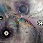 Abstraktes Gemälde mit wirbelnden Formen in Schwarz, Weiß, Grau und Gold, inspiriert von geologischen und kosmischen Prozessen.