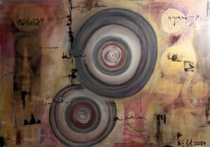 „Abstraktes Gemälde mit zwei ineinander übergehenden Kreisen, arabischer Kalligraphie und warmen Texturen – Symbol für stille Verbundenheit und gelebte oder vergessene Menschlichkeit
