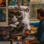 Künstler beim Malen vor weißer Backsteinwand – abstraktes Schwarz-Weiß-Gemälde über Werkbank