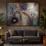 Abstraktes Gemälde mit wirbelnden Formen in Schwarz, Weiß, Grau und Gold, inspiriert von geologischen und kosmischen Prozessen.