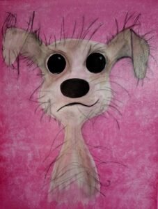 Stilisiertes Hundeporträt mit rosa Hintergrund und übergroßen Augen – optional mit USB-Nachtlicht wie bei „Liebe im Licht“.