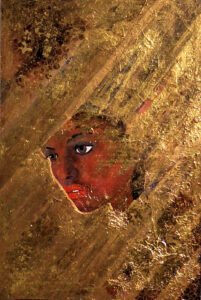 59,5 x 87 cm - Goldenes abstraktes Engelmotiv auf Leinwand